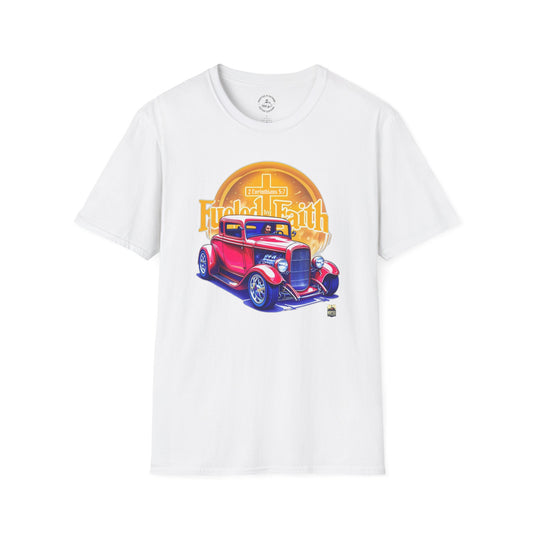 Fueled By Faith 2 Corinthians 5:7, Vintage Car Graphic Tee - Unisex Softstyle T-Shirt, Retro Fashion, Gifts for Car Lovers, Casual Wear, Summer Style