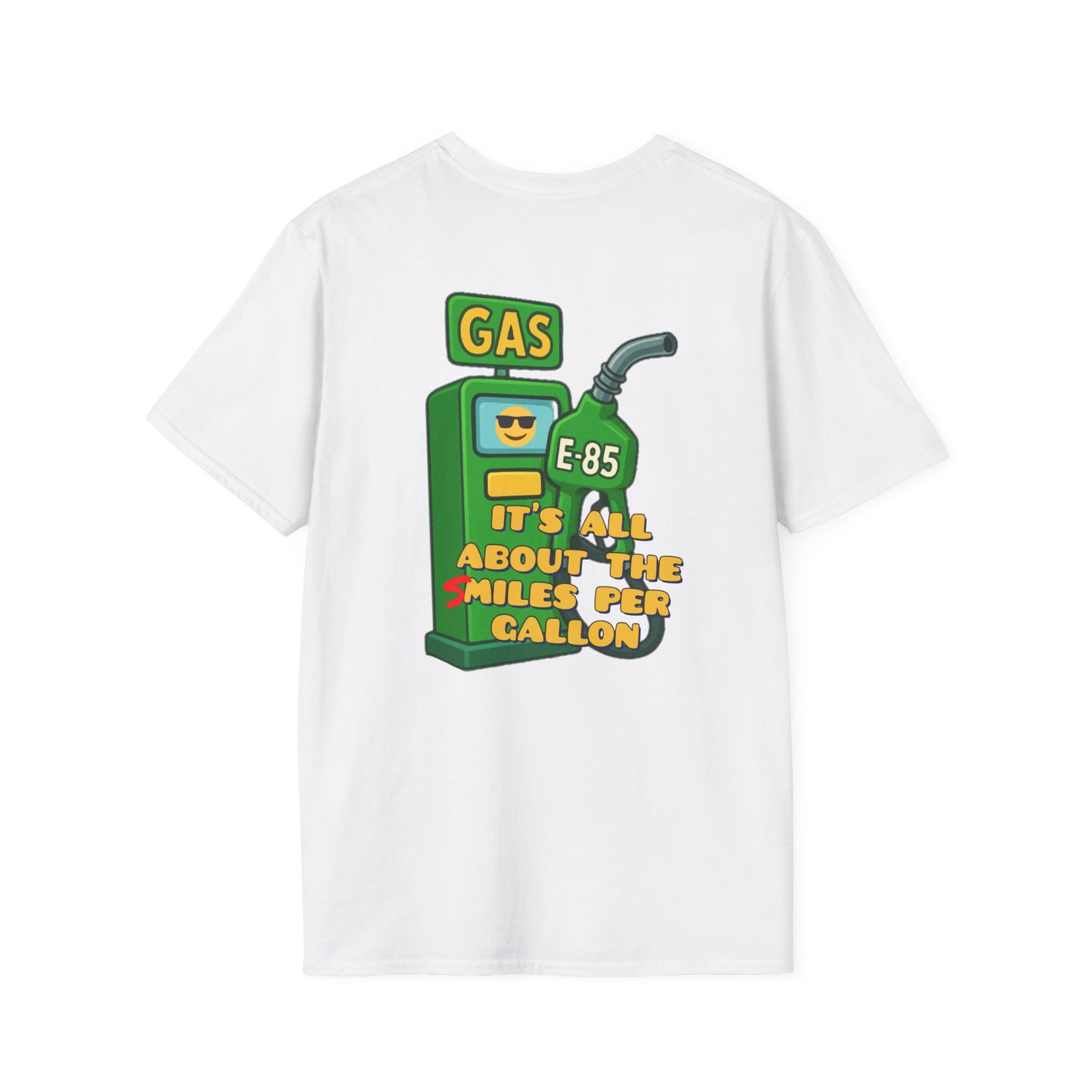 T-Shirt — "It's All About the Miles Per Gallon" Gas Pump Graphic Tee