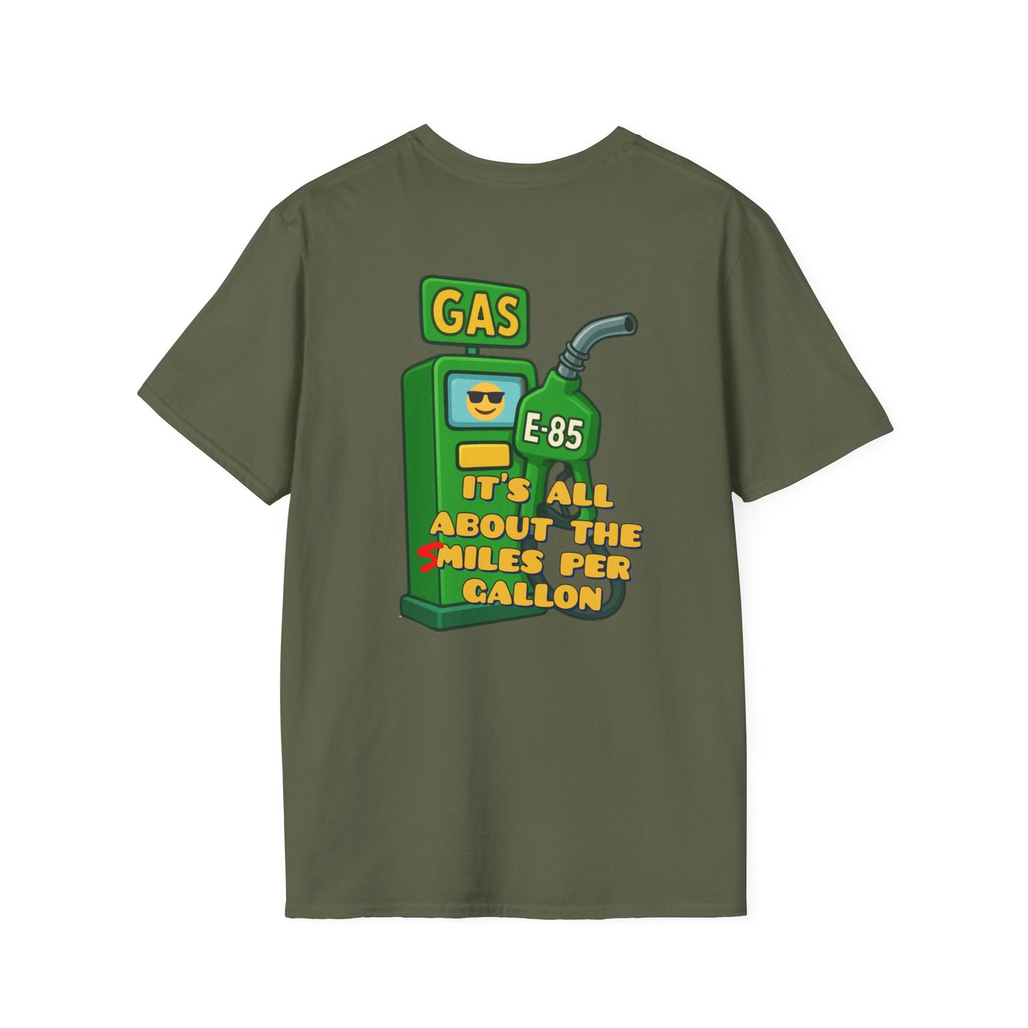 T-Shirt — "It's All About the Miles Per Gallon" Gas Pump Graphic Tee